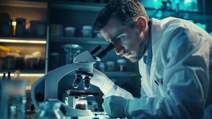 A focused scientist in a lab coat closely examines specimens under a microscope in a modern laboratory environment.