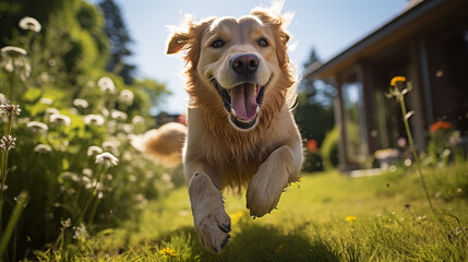 Happy running golden retriever plays on the backyard