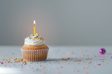 Festive Birthday Cupcake With Lit Candle and Colorful Sprinkles on a plain gray background
