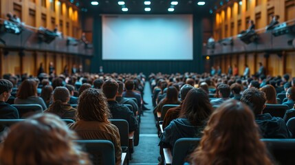 A rear view of the audience in a conference room or seminar meeting with large media screens showing video presentations, business educational concepts.