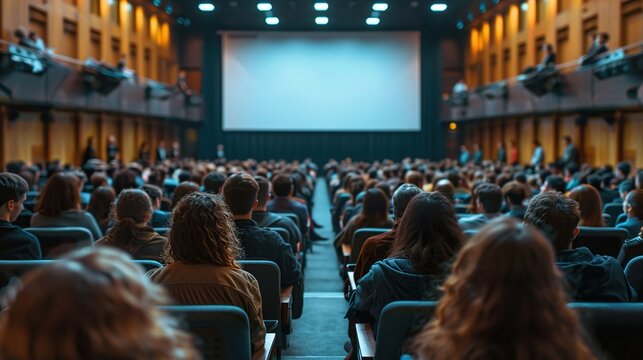 A rear view of the audience in a conference room or seminar meeting with large media screens showing video presentations, business educational concepts.
