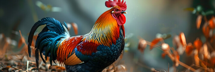 Radiant Rooster showcasing Multihued feathers in natural environment - obrazy, fototapety, plakaty