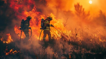 Forest fire, firefighter team fighting forest fire due to climate change