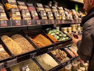 A man is shopping for spices in a store. There are many different types of spices on display, including some that are labeled as 