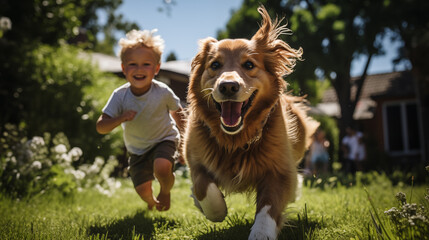 Happy running golden retriever and cute kids play together on the backyard
