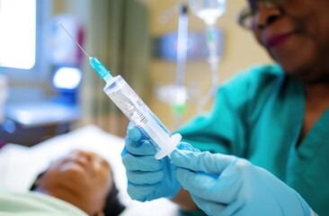 Focused shot of nurse with syringe, patient in background