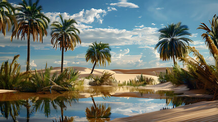 A desert oasis in Egypt, featuring a small water body surrounded by palm trees and sand dunes, offering a glimpse of life and greenery amidst the vast, arid landscape. - (1)