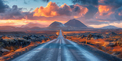 empty road in a desert at sunset - obrazy, fototapety, plakaty