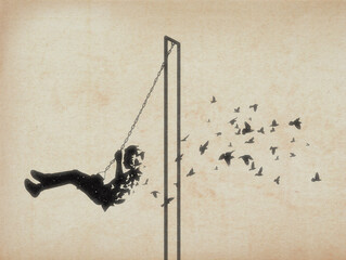 Boy on swing silhouette. Dying child. Death and afterlife. Flying bird