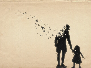 Father and daughter silhouette. Death and afterlife. Flying birds