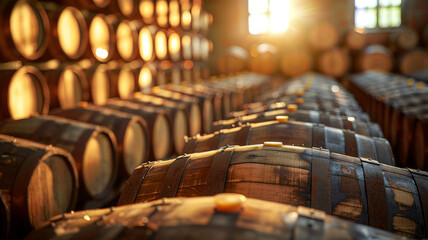 Rows of wine barrels in a cellar - obrazy, fototapety, plakaty