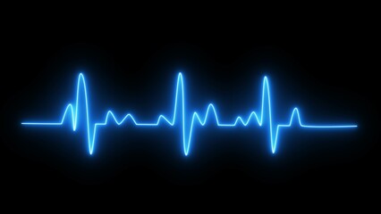 Heartbeat neon line. Blue colorful heartbeat rate and pulse on black screen. Neon heartbeat pulse line icon.
