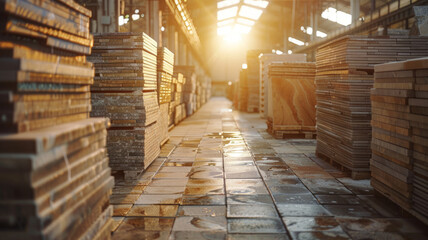 Wooden planks stacked in a warehouse