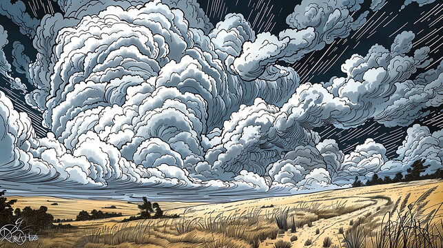 A dramatic storm rolling in over a prairie in the American Midwest, with dark storm clouds gathering above a vast, open field, creating a powerful and dynamic scene. -