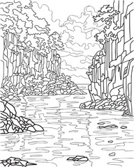 Landscape with river and rocks. Coloring book