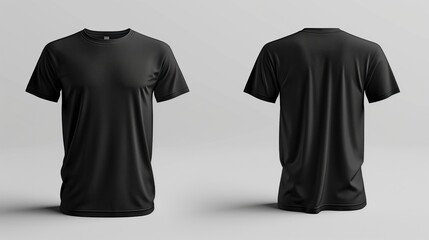 black cotton t-shirt mockup showing front and back view isolated on white studio background, blank apparel template for clothing brand and design