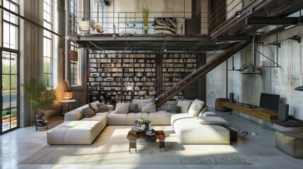 Luxurious industrial-style living room with high ceilings and sophisticated decor