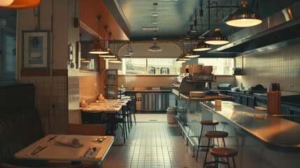 A restaurant kitchen with a lot of stainless steel appliances