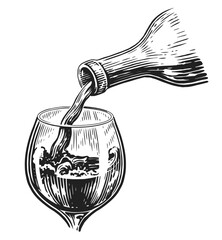Wine drink pouring from bottle into glass. Hand drawn sketch illustration engraving style