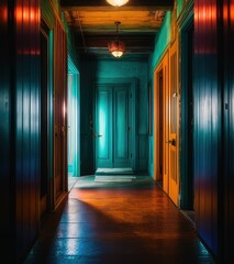 Obraz premium Dark corridor perspective view, turquoise and red color tone.