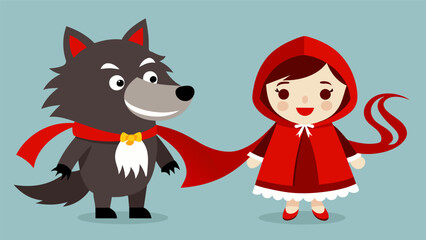 A playful take on classic fairy tale characters with Little Red Riding Hood wearing a hood made of red streamers and the Big Bad Wolf wearing a
