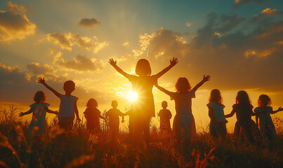 Silhouette back view refugee kid group playing in sunset