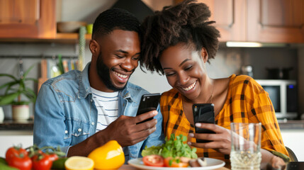 Millennial afro-american Man And Woman Having Breakfast And Using Smartphone In Kitchen, Happy Couple Browsing Internet On Mobile Phone While Eating Tasty Food At Home Together. Food delivery app