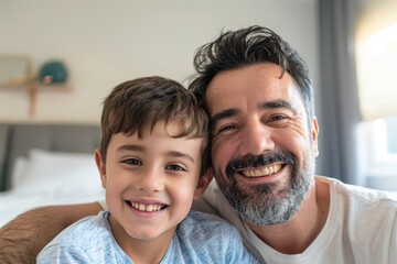 father taking selfie photo with smiling young son, heartwarming dad and child bonding moment for family and fatherhood