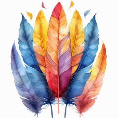 A watercolor painting of feathers in various colors. - obrazy, fototapety, plakaty