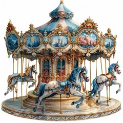 A vintage carousel with white horses and ornate decorations