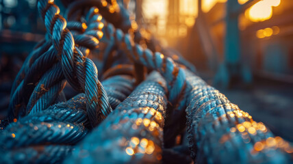 Close-up of a coiled marine rope at sunset - obrazy, fototapety, plakaty