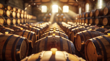 A wine cellar filled with rows of oak barrels.