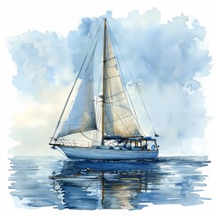 Fototapeta premium A watercolor painting of a sailboat on a calm sea with a cloudy sky.