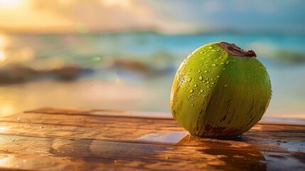 fresh green coconut on rustic wooden table in blissful sunlight