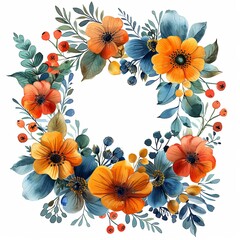 A watercolor painting of a wreath of orange and blue flowers.