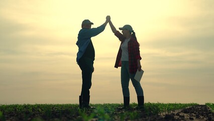 Handshake signing contract. Farmers Businessmen shaking hands sunset outdoor, silhouette man woman. Concept teamwork business. Business owners conclude contract. Cooperation, partnership in business