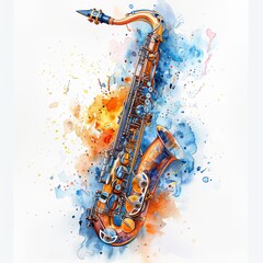 A watercolor painting of a saxophone with bright colors.