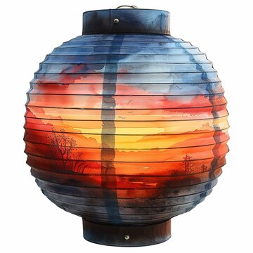 A round paper lantern with a blue background and a painted sunset scene.
