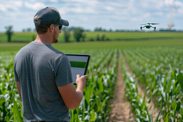 Agricultural technician operating a Wi-Fi enabled computer to guide a drone spraying fertilizer on cornfields