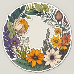 Circular Floral Wreath Stickers featuring retro-style botanical illustrations of flowers