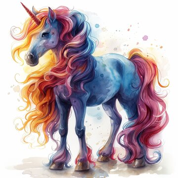 A unicorn with rainbow hair and a blue body.