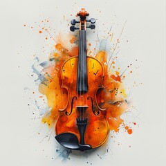 A watercolor painting of a violin with vibrant orange splashes.