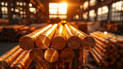 Stacks of metal rods at sunset.