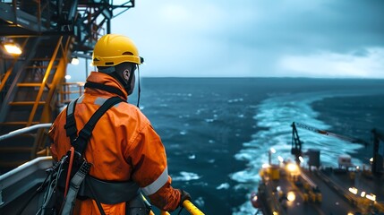 Industrial Worker Overlooking Offshore Operations at Dusk. Safety and Exploration Concept. Marine Engineering and Energy Production Background. AI