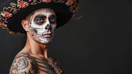 cinco de mayo male portrait, handsome mexican man in iconic dia de los muertos sugar skull pose