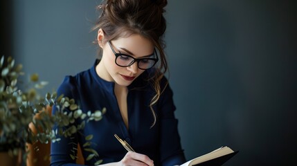 businesswoman writing in leather journal, professional woman at desk with sleek black diary