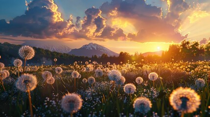 Wonderful field dandelions with blooming flower at sunrise in rural landscape. AI generated image - obrazy, fototapety, plakaty