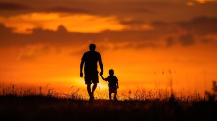 Father and son sunset silhouettes holding hands walking together, family bonding outdoor activity