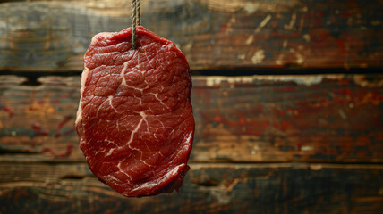 Raw steak hanging against a wooden background - obrazy, fototapety, plakaty