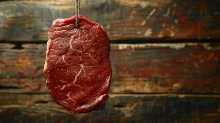  Raw steak hanging against a wooden background © SashaMagic